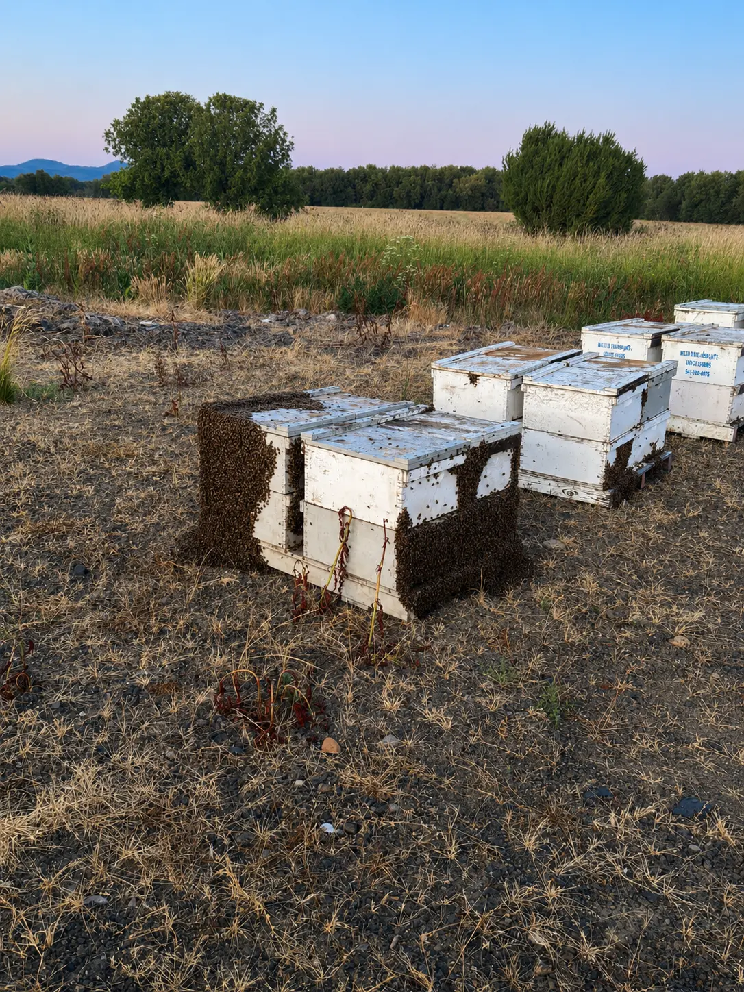 White beehives at dusk with bees clustered at the entrance