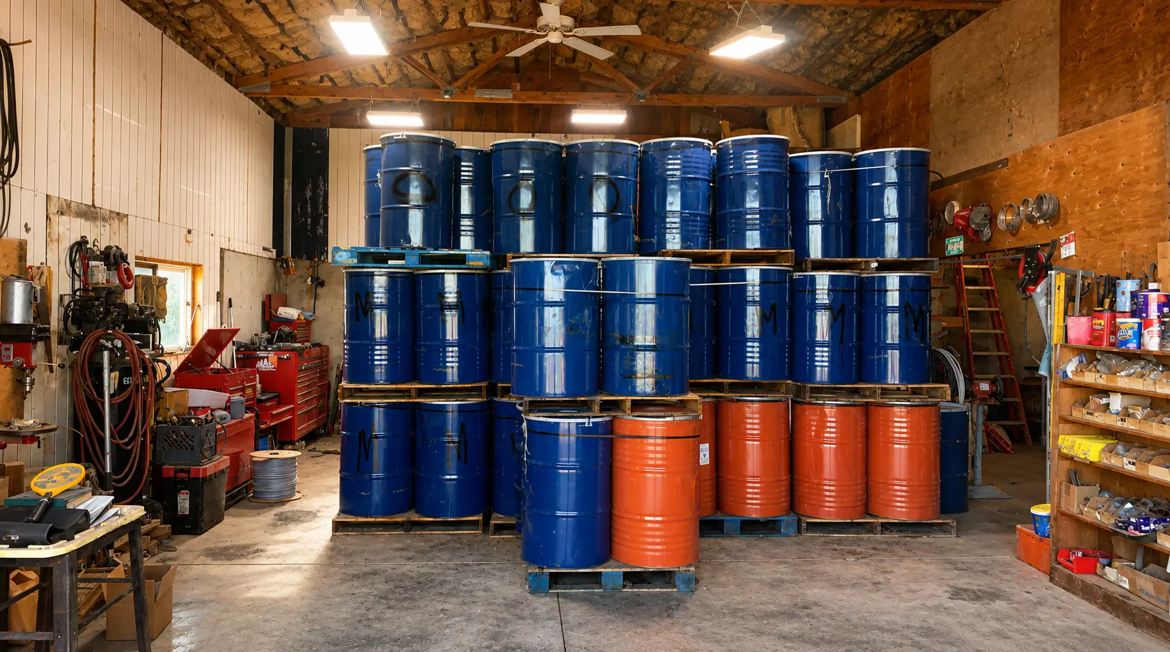 Stacked honey barrels in a storage facility