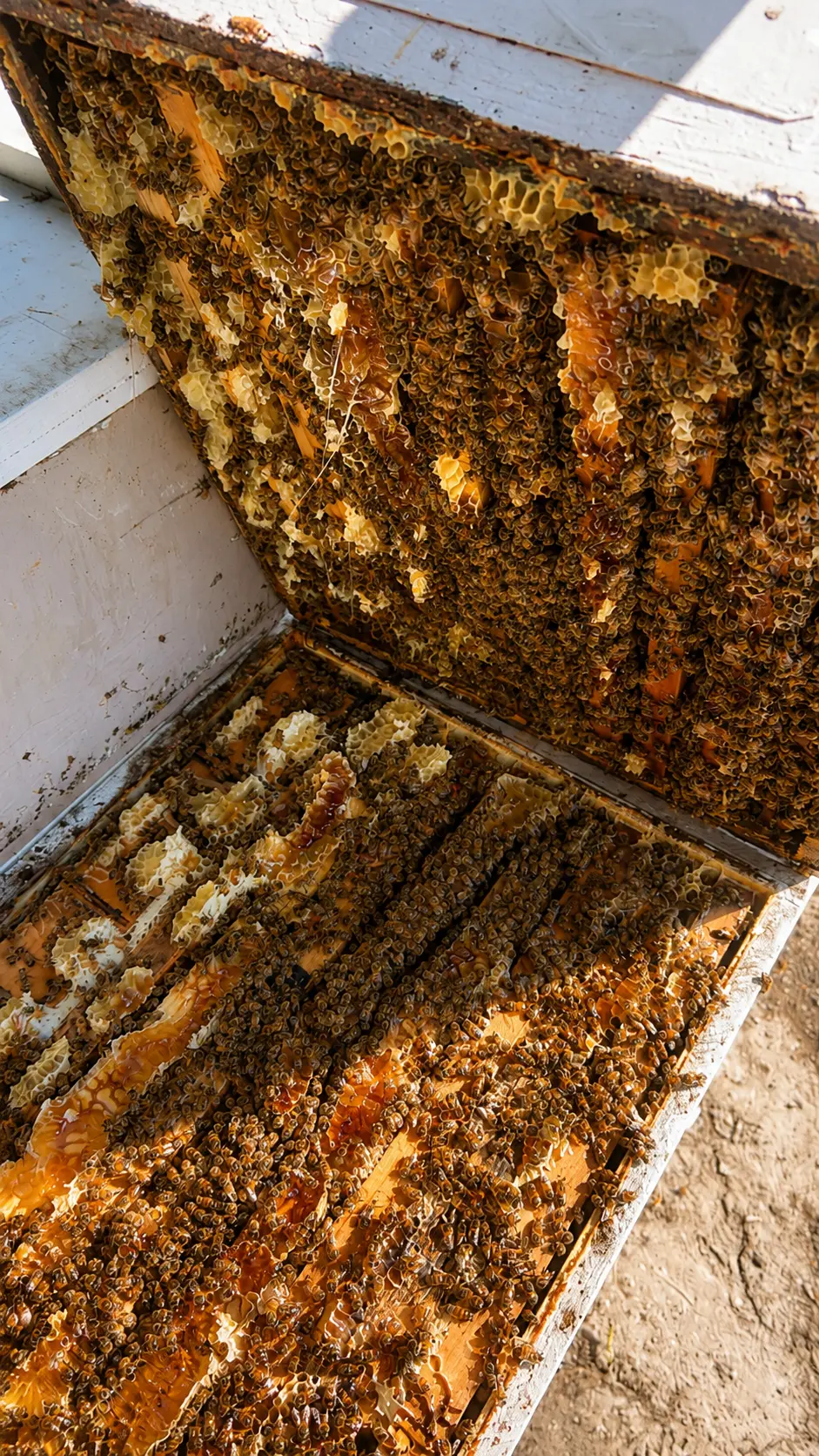 An open hive box with frames covered in honeybees