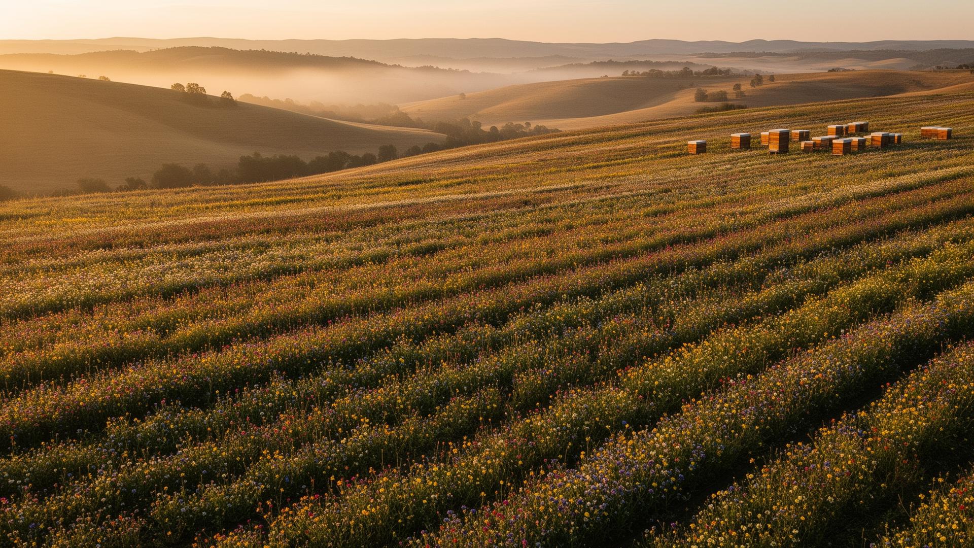 American wildflower farmland at golden hour with beehives